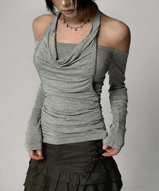 Draped Halter Off-Shoulder Long Sleeve T-Shirt