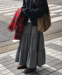 Sotian outer Fleece-lined banding check long skirt - 3 colors