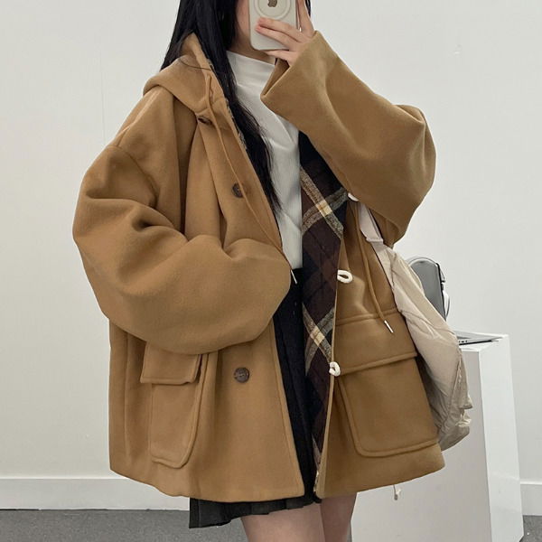 Half, long modern check overfit hooded coat