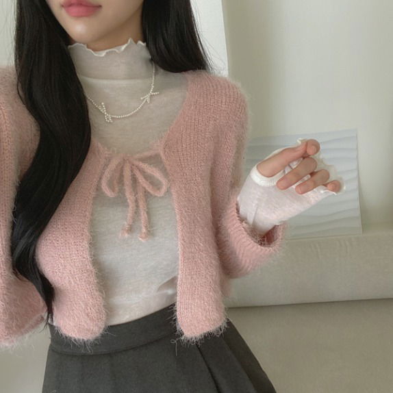 羽毛紗緞帶開襟長版針織外套