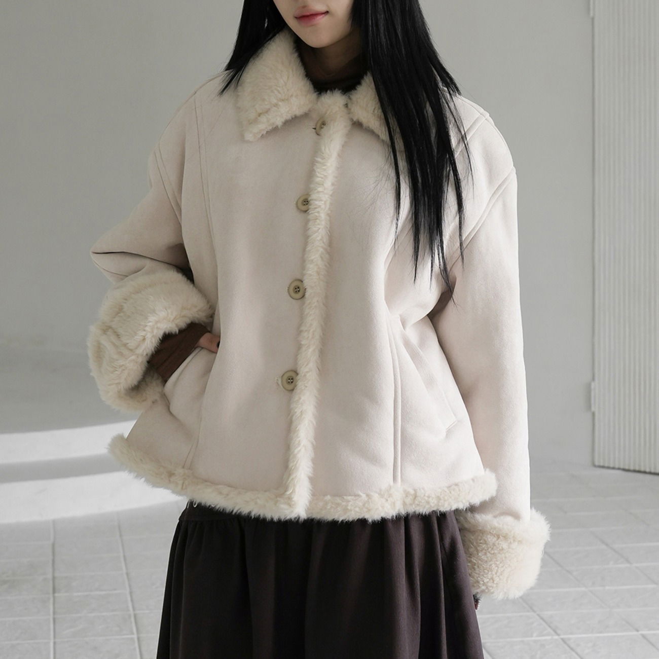 絨毛羊毛長版外套