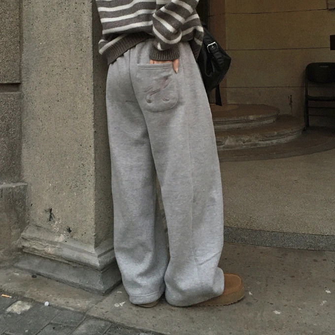 Public Fleece-lined embroidery two-way Split stopper wide long pants - 5 colors (Delayed delivery)