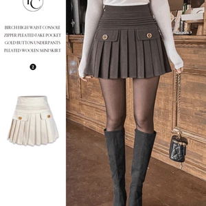 버치 하이웨스트 콘솔지퍼 주름 페이크포켓 금장버튼 속바지 플리츠 모직 미니 스커트
