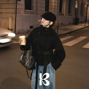 센터 허리끈 울 숏 코트