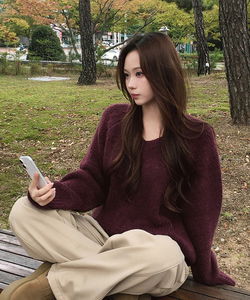 羊毛V領長袖針織上衣