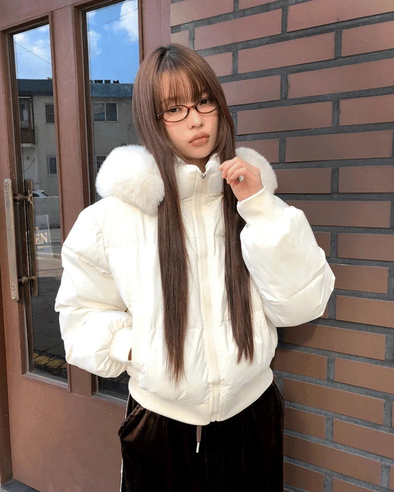 서치 퍼 후드 시보리 숏 패딩 점퍼