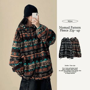 리핏 패턴 두툼 후리스양털 하이넥 투웨이 후드집업 (2color)