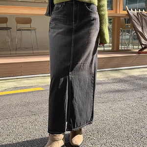 헤노일 트임 코튼 데님 롱 스커트