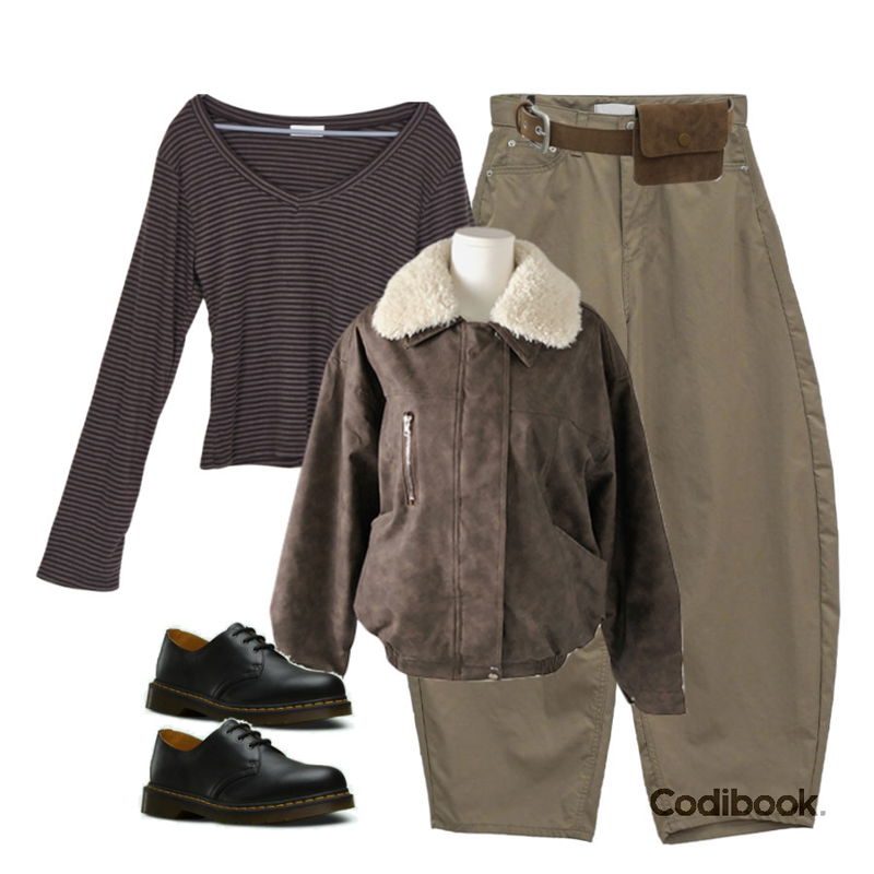 binary01 듀픈 포켓 스웨이드 벨트,binary01 리모브 비조 와이드팬츠,anyonemore 젤다 빈티지 레더 퍼 무스탕 점퍼등을 매치한 코디