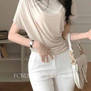 포드셔 사선 드레이프 셔링 반목 캡소매 반팔 티셔츠