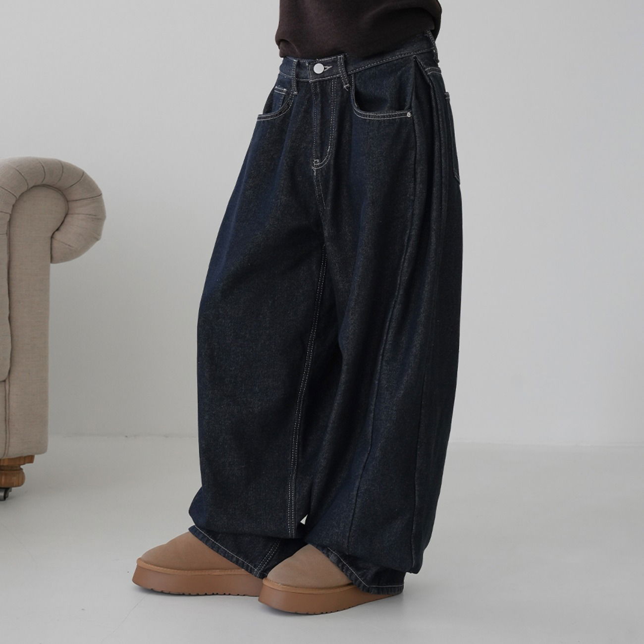Lenbol Folding Raised Fleece Raw Denim Pants 牛仔裤