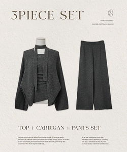 Wente Tie Muffler Knitwear Shirring Tube Top + Loose-fit Cardigan + Wide Pants Three-Piece Set