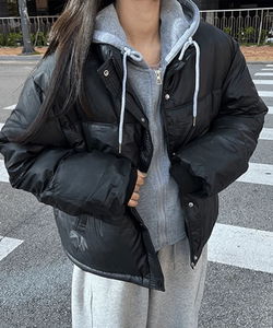 Leather Hooded Layered Padded Jacket with Hood