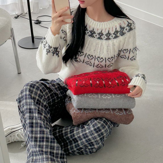 格紋圓領寬鬆針織上衣