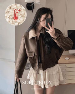 絨毛翻領拉鍊排扣外袋鬆緊人造皮革vintage寬鬆羊毛內裡夾克