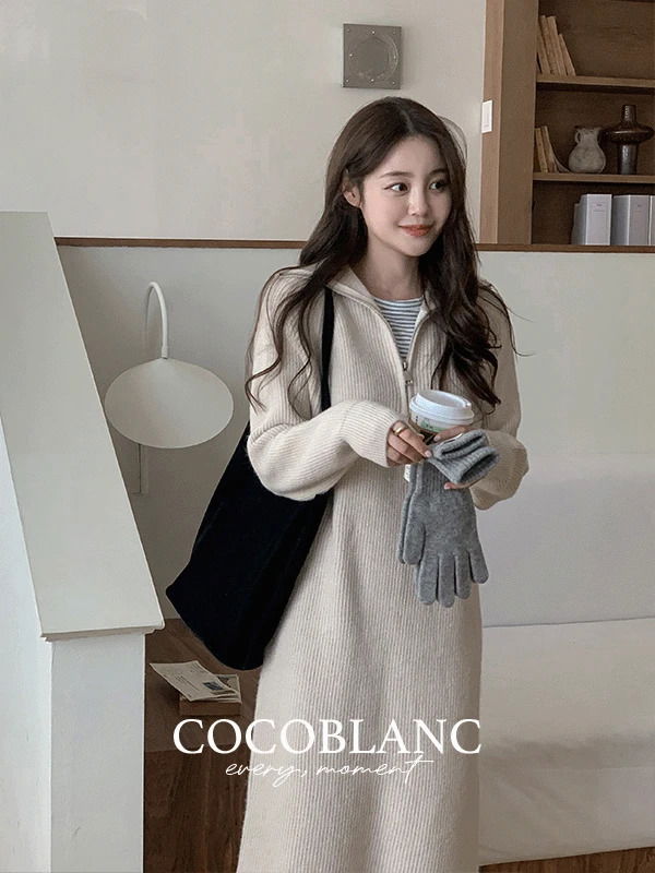  Knitwear semi-zip-up long one- Dress