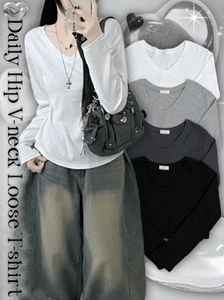 寬鬆純棉V領長袖內搭上衣