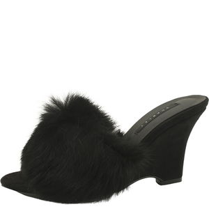 국내제작 토끼털 웨지힐 뮬 하이힐 슬리퍼 8cm 블랙