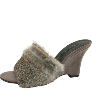 국내제작 토끼털 웨지힐 뮬 하이힐 슬리퍼 8cm 그레이