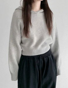 Thick Hooded 2 Crop Plain Knitwear