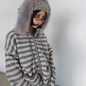 후드퍼 스트라이프 방울 니트 가디건 (퍼탈부착)