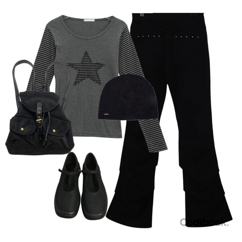 porterna 보린 니트 비니,DUGGY 사피아노 더비 메리제인 (2color),wonderwonder 자후 스터드 셔링 부츠컷 코튼 롱 팬츠등을 매치한 코디