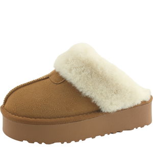 퍼 방한화 키높이 통굽 양털 슬리퍼 5cm 카멜