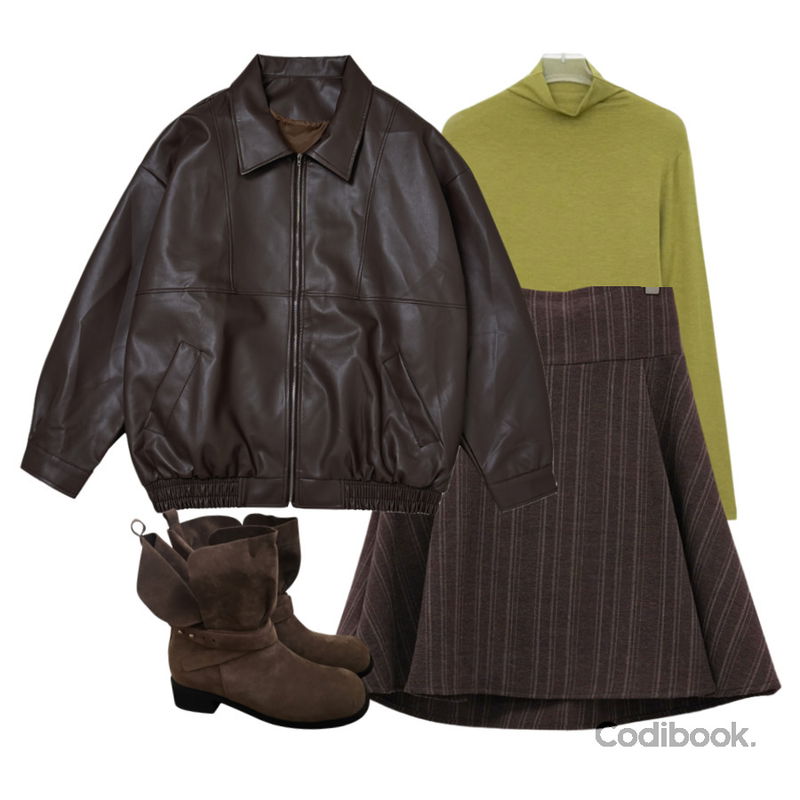 Loonough 윈스 라이더 레더 가죽 점퍼 자켓,DUGGY 스터드 폴딩 스웨이드 부츠 (2color),E-PICK 모찌 폴라 티셔츠등을 매치한 코디
