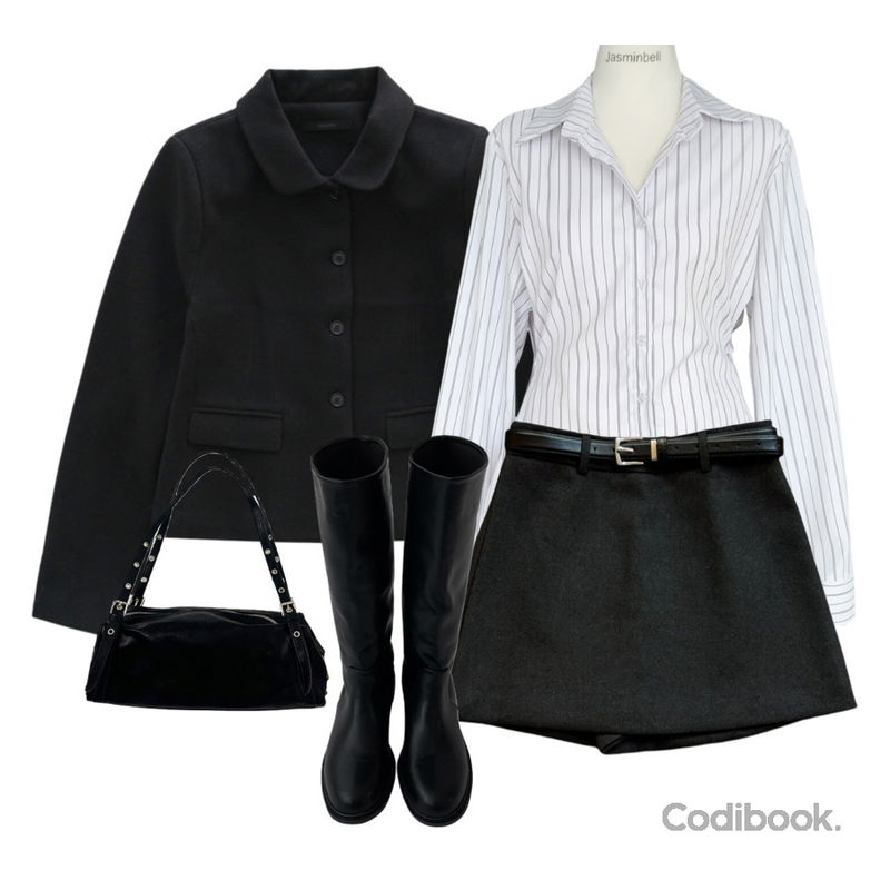 JASMINBELL 엠버 카라 허리 스냅단추 여리핏 스트라이프 줄지 긴팔 셔츠 남방,JASMINBELL 젠타 유광 롱 부츠,anyonemore 서치 레더 빈티지 아일렛 버클 숄더백 (2color)등을 매치한 코디