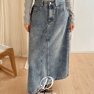 빅사이즈 S-3XL 테릿 빈티지 워싱 A라인 절개 스트라이프 뒷밴딩 데님 롱 스커트 청치마