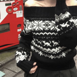 로엘리 도톰 노르딕 눈꽃 오프숄더 긴팔 니트 여리여리 레이어드