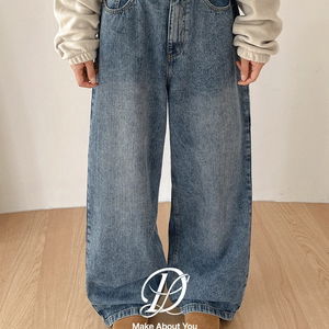 빅사이즈 S-5XL 프레틴 빈티지 워싱 스트라이프 카펜터 뒷밴딩 와이드 데님 팬츠 청바지