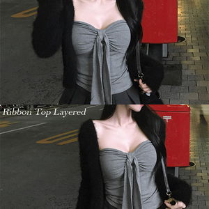 앤리 캡내장 하트넥 셔링 리본 뒷밴딩 튜브 탑 레이어드템