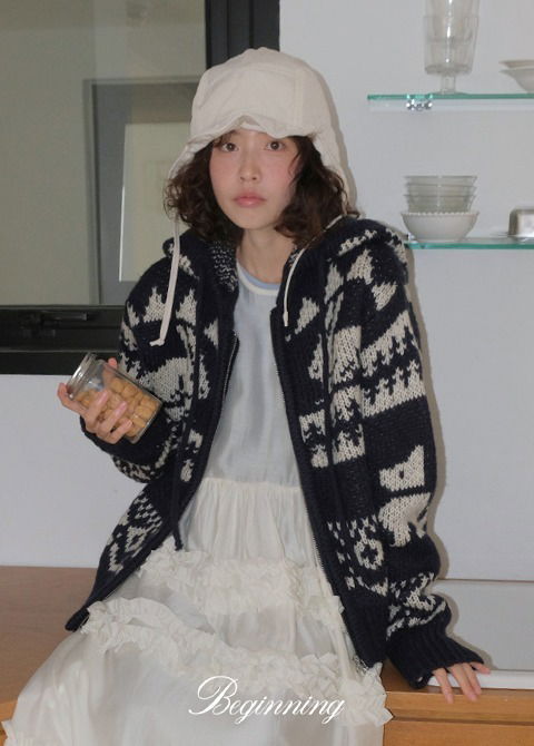 格紋連帽針織開襟外套