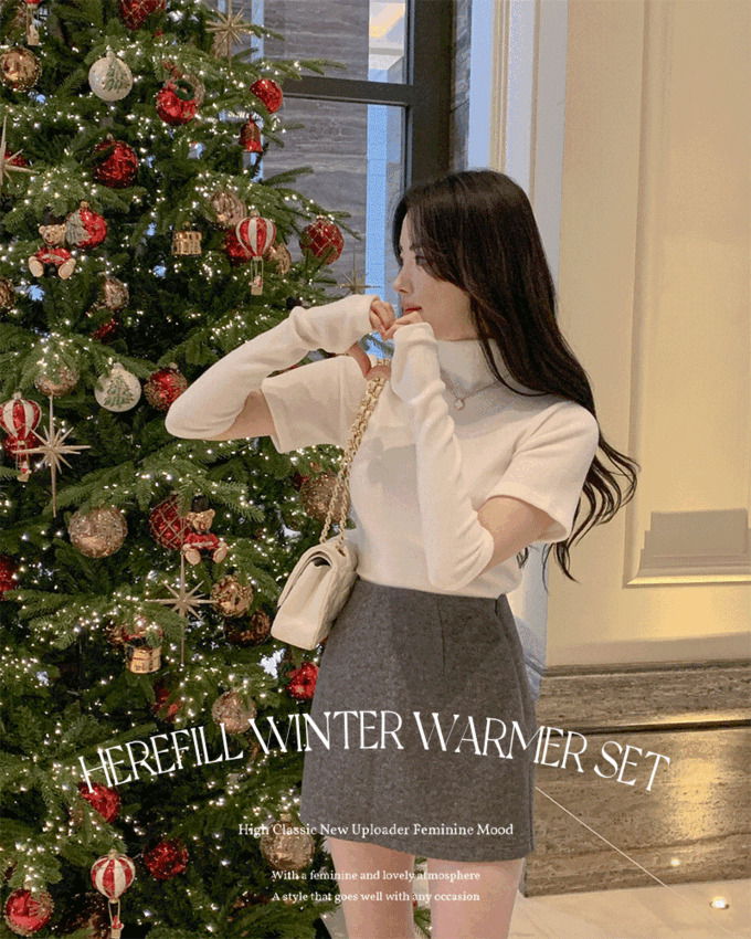 Herifil half-sleeve semi-crop knitwear warmer year-end look peach Fleece-lined two-piece set 套装