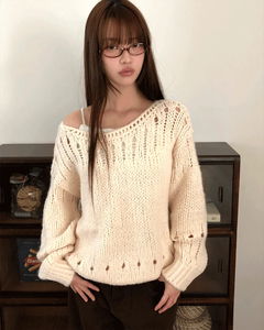 透氣洞洞圓領寬鬆長版針織上衣