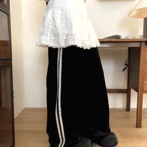 미닐 벨벳 레이스 밴딩 스트랩 와이드핏 트레이닝 롱 팬츠