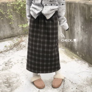 요시 모직 체크 롱 H라인 트임 밴딩 스커트 슬릿 겨울스커트