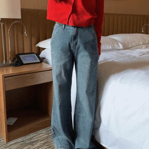 (3기장/하체커버) 빈티지 스톤 사선 포켓 와이드 데님 팬츠