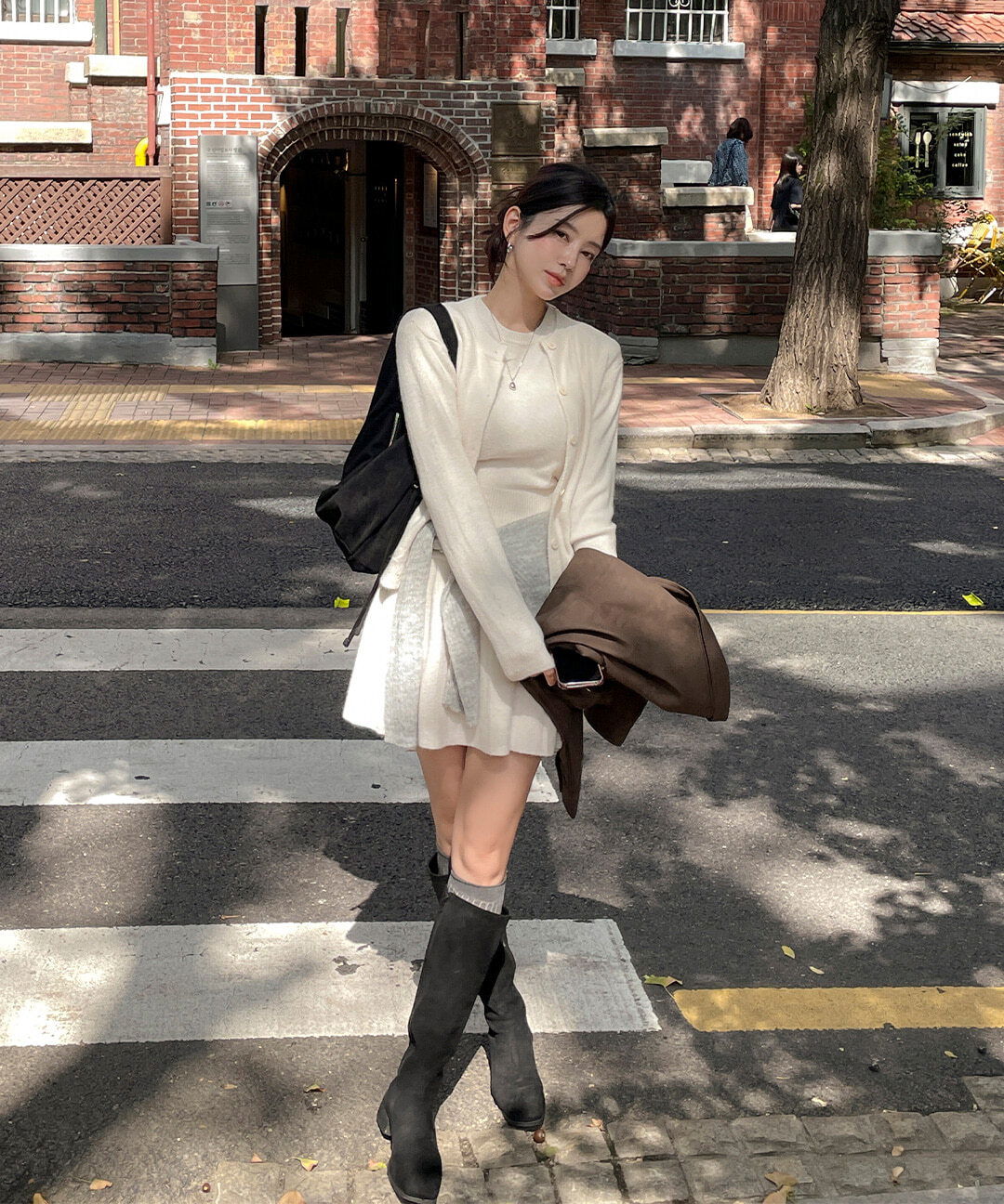 Lemet Fall Knitwear Cardigan + Short-Sleeve Knit + Pleated Mini Skirt Set