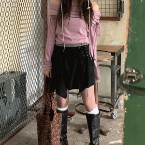 체스트 스트라이프 스트링 오프숄더 긴팔 겨울 티셔츠 3 color