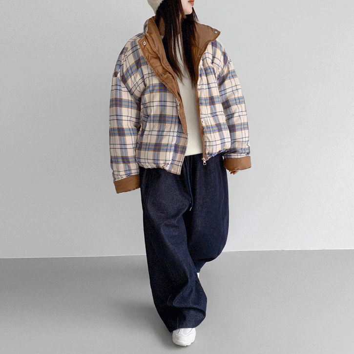 雙色格紋高領絎縫外套