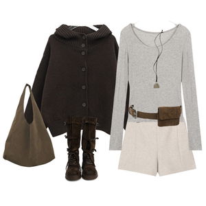 針織外套,短褲,長袖上衣 코디