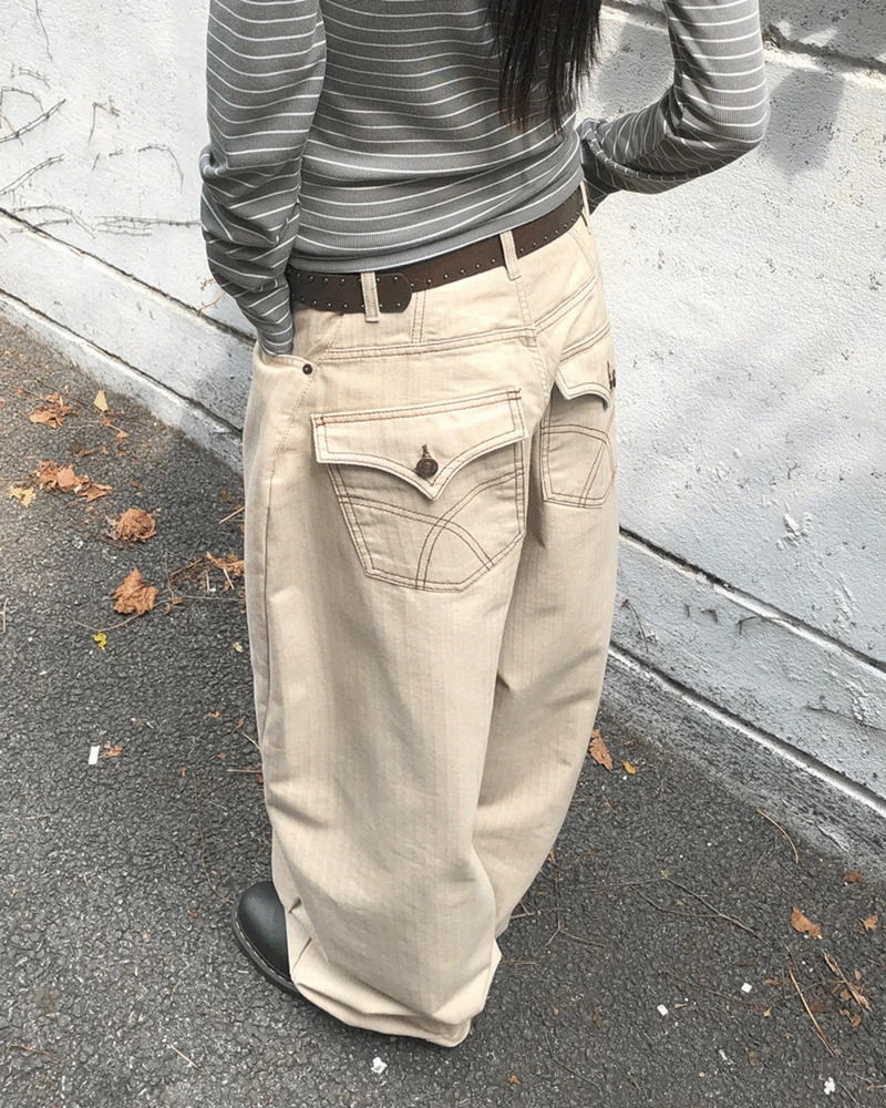 Cookie Stripe Split Balloon Fit Wide Cotton Long Pants