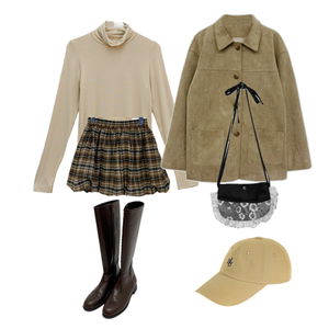 긴팔티,스커트,부츠 코디
