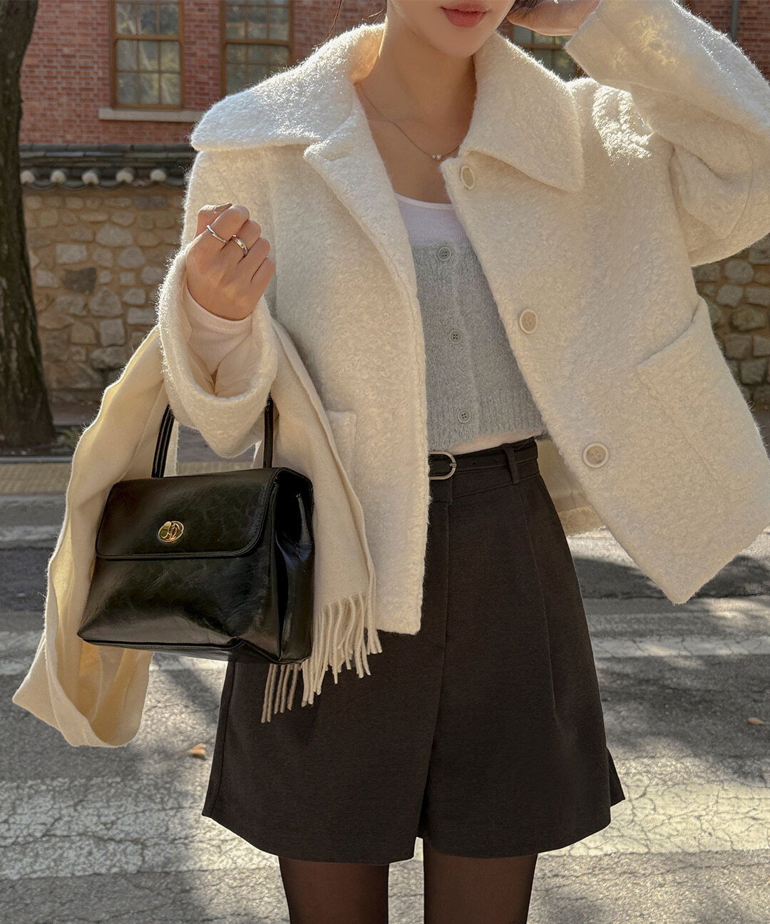 簡約襯衫領毛皮短款羊羔毛外套