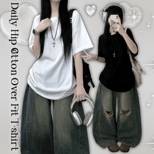 Short sleeve version New cotton plain round loose overfit short sleeve T-shirt