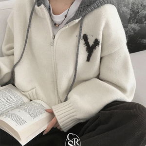 러버 빈티지자수 배색 니트 후드집업