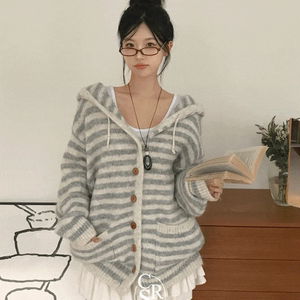 바니 단가라 니트 후드 가디건