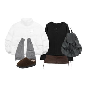 스커트,긴팔티,패딩자켓 코디